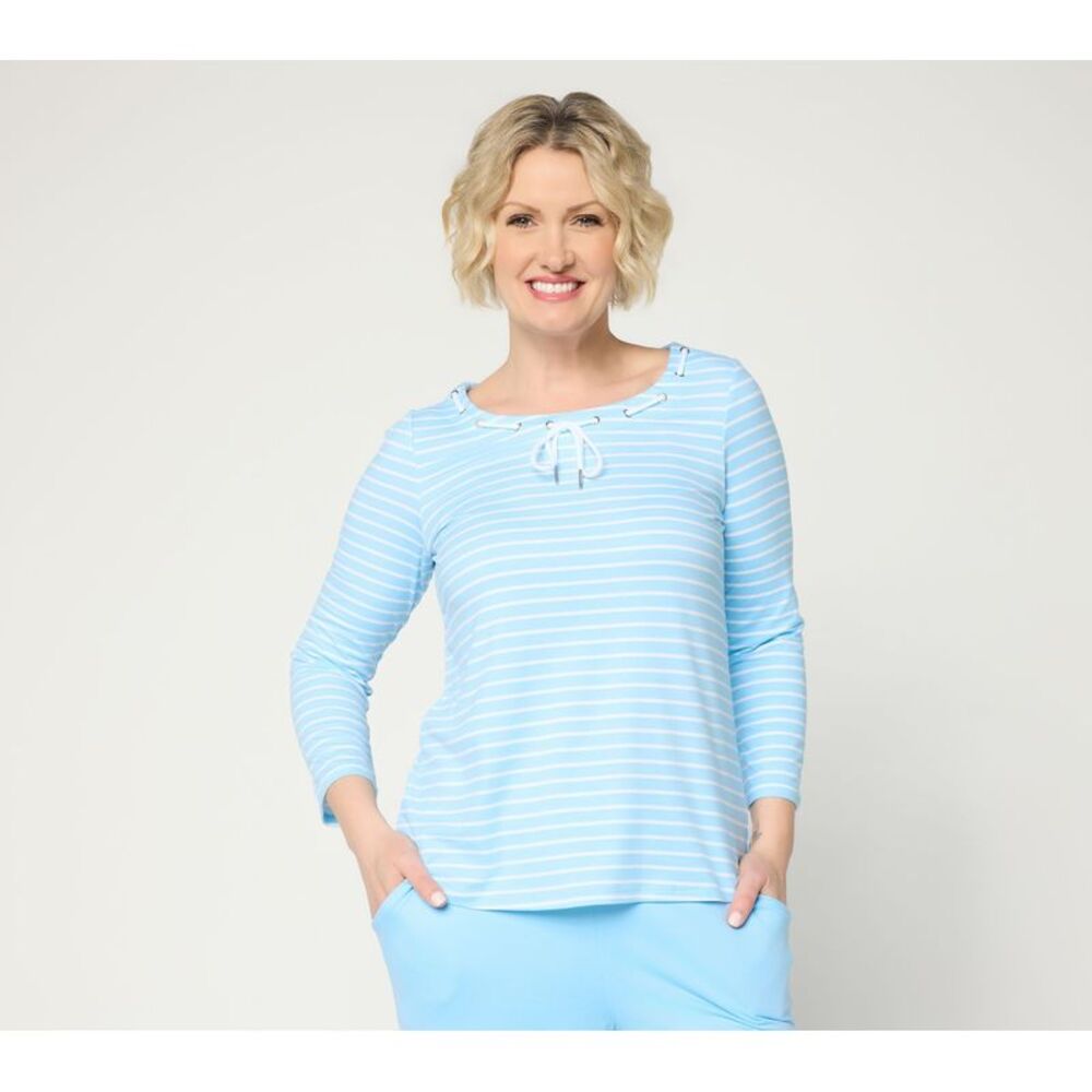 Cuddl Duds Women's Top Plus Sz 3X Flexwear Sleeve Tee Drawcord Blue